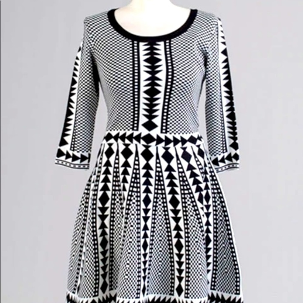 NWT Nina Leonard Geometric Print Sweater Dress-Black & White. Size: 2X.